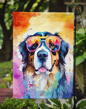 Load image into Gallery viewer, Bernese Mountain Dog Hippie Dawg Garden Flag – Retro Dog with Sunglasses &amp; Multicolored Background