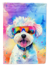 Load image into Gallery viewer, Bichon Frise Hippie Dawg Garden Flag – Retro Dog with Sunglasses &amp; Multicolored Background