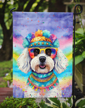 Load image into Gallery viewer, Bichon Frise Hippie Dawg Garden Flag – Retro Dog with Sunglasses &amp; Multicolored Background
