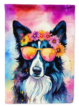 Load image into Gallery viewer, Border Collie Hippie Dawg Garden Flag – Retro Dog with Sunglasses &amp; Multicolored Background