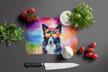 Load image into Gallery viewer, Border Collie Hippie Dawg Glass Cutting Boards – Durable, Decorative Kitchen Art Large
