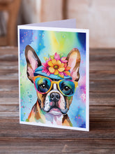 Load image into Gallery viewer, Boston Terrier Hippie Dawg Greeting Cards - Blank Note Cards – 8-Pack of Artist-Designed Cards with Envelopes