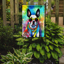 Load image into Gallery viewer, Boston Terrier Hippie Dawg Garden Flag – Retro Dog with Sunglasses &amp; Multicolored Background
