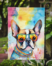 Load image into Gallery viewer, Boston Terrier Hippie Dawg Garden Flag – Retro Dog with Sunglasses &amp; Multicolored Background