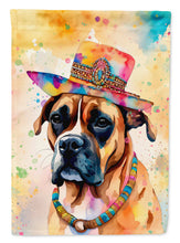 Load image into Gallery viewer, Boxer Hippie Dawg Garden Flag – Retro Dog with Sunglasses &amp; Multicolored Background