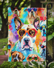 Load image into Gallery viewer, Boxer Hippie Dawg Garden Flag – Retro Dog with Sunglasses &amp; Multicolored Background