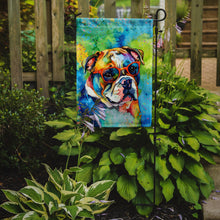 Load image into Gallery viewer, English Bulldog Hippie Dawg Garden Flag – Retro Dog with Sunglasses &amp; Multicolored Background
