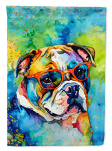 Load image into Gallery viewer, English Bulldog Hippie Dawg Garden Flag – Retro Dog with Sunglasses &amp; Multicolored Background