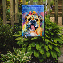Load image into Gallery viewer, English Bulldog Hippie Dawg Garden Flag – Retro Dog with Sunglasses &amp; Multicolored Background