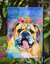 Load image into Gallery viewer, English Bulldog Hippie Dawg Garden Flag – Retro Dog with Sunglasses &amp; Multicolored Background