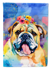 Load image into Gallery viewer, English Bulldog Hippie Dawg Garden Flag – Retro Dog with Sunglasses &amp; Multicolored Background