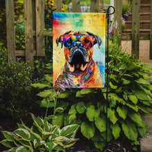 Load image into Gallery viewer, Bullmastiff Hippie Dawg Garden Flag – Retro Dog with Sunglasses &amp; Multicolored Background