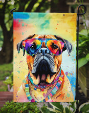 Load image into Gallery viewer, Bullmastiff Hippie Dawg Garden Flag – Retro Dog with Sunglasses &amp; Multicolored Background