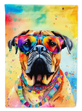 Load image into Gallery viewer, Bullmastiff Hippie Dawg Garden Flag – Retro Dog with Sunglasses &amp; Multicolored Background