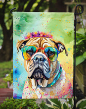 Load image into Gallery viewer, Bullmastiff Hippie Dawg Garden Flag – Retro Dog with Sunglasses &amp; Multicolored Background