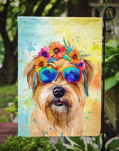 Load image into Gallery viewer, Cairn Terrier Hippie Dawg Garden Flag – Retro Dog with Sunglasses &amp; Multicolored Background
