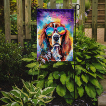 Load image into Gallery viewer, Cavalier Spaniel Hippie Dawg Garden Flag – Retro Dog with Sunglasses &amp; Multicolored Background