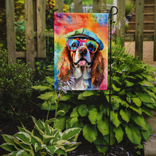Load image into Gallery viewer, Cavalier Spaniel Hippie Dawg Garden Flag – Retro Dog with Sunglasses &amp; Multicolored Background