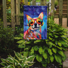 Load image into Gallery viewer, Chihuahua Hippie Dawg Garden Flag – Retro Dog with Sunglasses &amp; Multicolored Background