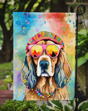 Load image into Gallery viewer, Cocker Spaniel Hippie Dawg Garden Flag – Retro Dog with Sunglasses &amp; Multicolored Background