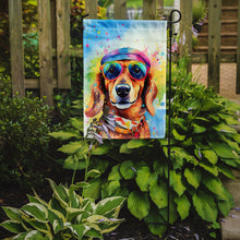 Load image into Gallery viewer, Dachshund Hippie Dawg Garden Flag – Retro Dog with Sunglasses &amp; Multicolored Background