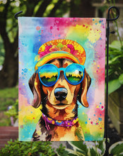 Load image into Gallery viewer, Dachshund Hippie Dawg Garden Flag – Retro Dog with Sunglasses &amp; Multicolored Background