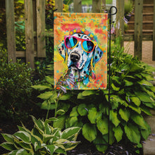 Load image into Gallery viewer, Dalmatian Hippie Dawg Garden Flag – Retro Dog with Sunglasses &amp; Multicolored Background