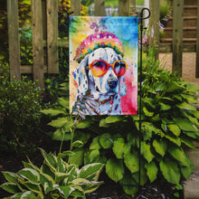 Load image into Gallery viewer, Dalmatian Hippie Dawg Garden Flag – Retro Dog with Sunglasses &amp; Multicolored Background