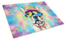 Load image into Gallery viewer, French Bulldog Hippie Dawg Glass Cutting Boards – Durable, Decorative Kitchen Art Large
