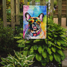 Load image into Gallery viewer, French Bulldog Hippie Dawg Garden Flag – Retro Dog with Sunglasses &amp; Multicolored Background