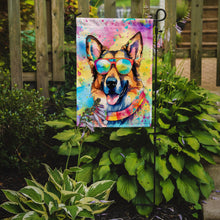 Load image into Gallery viewer, German Shepherd Hippie Dawg Garden Flag – Retro Dog with Sunglasses &amp; Multicolored Background