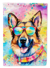 Load image into Gallery viewer, German Shepherd Hippie Dawg Garden Flag – Retro Dog with Sunglasses &amp; Multicolored Background