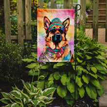 Load image into Gallery viewer, German Shepherd Hippie Dawg Garden Flag – Retro Dog with Sunglasses &amp; Multicolored Background