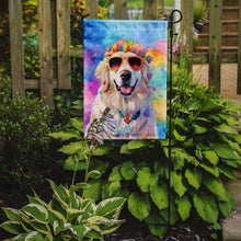 Load image into Gallery viewer, Great Pyrenees Hippie Dawg Garden Flag – Retro Dog with Sunglasses &amp; Multicolored Background