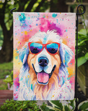 Load image into Gallery viewer, Great Pyrenees Hippie Dawg Garden Flag – Retro Dog with Sunglasses &amp; Multicolored Background
