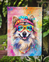 Load image into Gallery viewer, Keeshond Hippie Dawg Garden Flag – Retro Dog with Sunglasses &amp; Multicolored Background