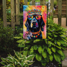 Load image into Gallery viewer, Black Labrador Hippie Dawg Garden Flag – Retro Dog with Sunglasses &amp; Multicolored Background