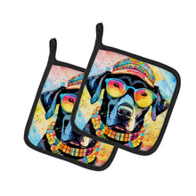 Load image into Gallery viewer, Black Labrador Hippie Dawg Pot Holders - Set of 2 Decorative Kitchen Helpers | Made in the USA