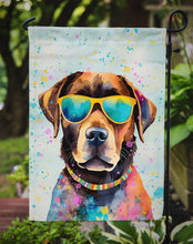 Load image into Gallery viewer, Chocolate Labrador Hippie Dawg Garden Flag – Retro Dog with Sunglasses &amp; Multicolored Background