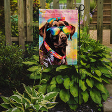 Load image into Gallery viewer, Chocolate Labrador Hippie Dawg Garden Flag – Retro Dog with Sunglasses &amp; Multicolored Background