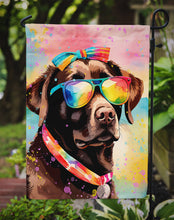 Load image into Gallery viewer, Chocolate Labrador Hippie Dawg Garden Flag – Retro Dog with Sunglasses &amp; Multicolored Background