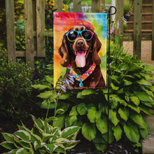 Load image into Gallery viewer, Chocolate Labrador Hippie Dawg Garden Flag – Retro Dog with Sunglasses &amp; Multicolored Background