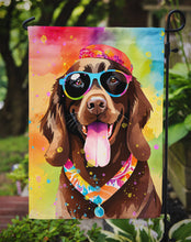 Load image into Gallery viewer, Chocolate Labrador Hippie Dawg Garden Flag – Retro Dog with Sunglasses &amp; Multicolored Background
