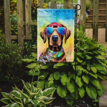 Load image into Gallery viewer, Chocolate Labrador Hippie Dawg Garden Flag – Retro Dog with Sunglasses &amp; Multicolored Background