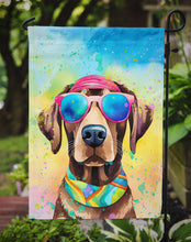 Load image into Gallery viewer, Chocolate Labrador Hippie Dawg Garden Flag – Retro Dog with Sunglasses &amp; Multicolored Background