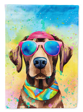 Load image into Gallery viewer, Chocolate Labrador Hippie Dawg Garden Flag – Retro Dog with Sunglasses &amp; Multicolored Background