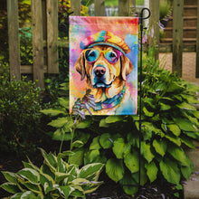 Load image into Gallery viewer, Yellow Labrador Hippie Dawg Garden Flag – Retro Dog with Sunglasses &amp; Multicolored Background