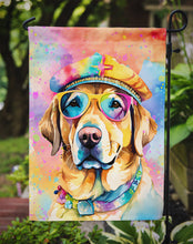 Load image into Gallery viewer, Yellow Labrador Hippie Dawg Garden Flag – Retro Dog with Sunglasses &amp; Multicolored Background