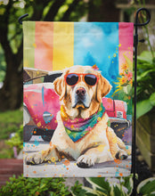 Load image into Gallery viewer, Yellow Labrador Hippie Dawg Garden Flag – Retro Dog with Sunglasses &amp; Multicolored Background