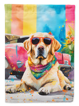 Load image into Gallery viewer, Yellow Labrador Hippie Dawg Garden Flag – Retro Dog with Sunglasses &amp; Multicolored Background